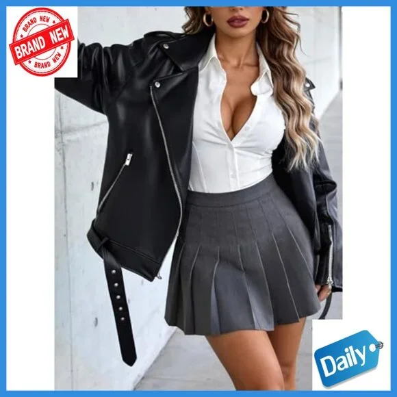 Oversized Faux Leather Motorcycle Jacket with Hood and Belt